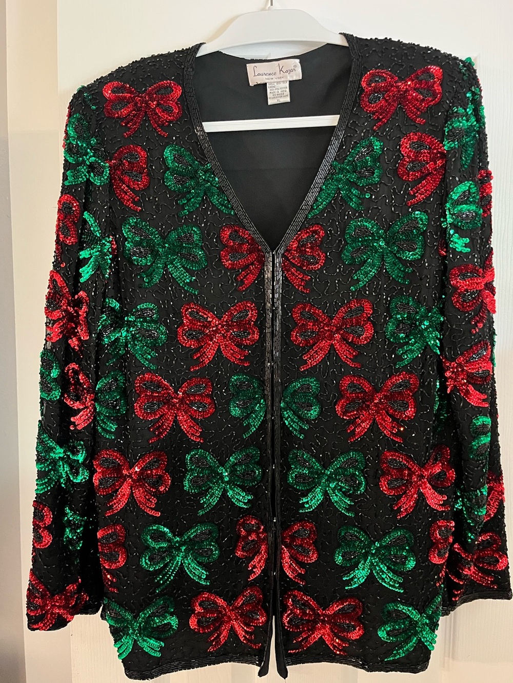 Laurence Kazar Silk Jacket with Red and Green Sequin Bows XL Vintage Holiday